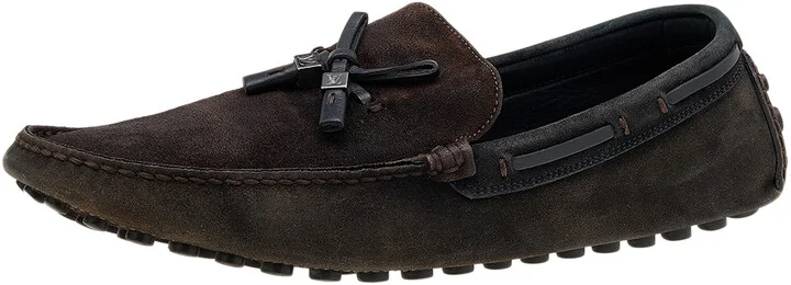 Louis Vuitton Dark Brown/Black Suede And Leather Logo Bow Slip On Loafers Size 43