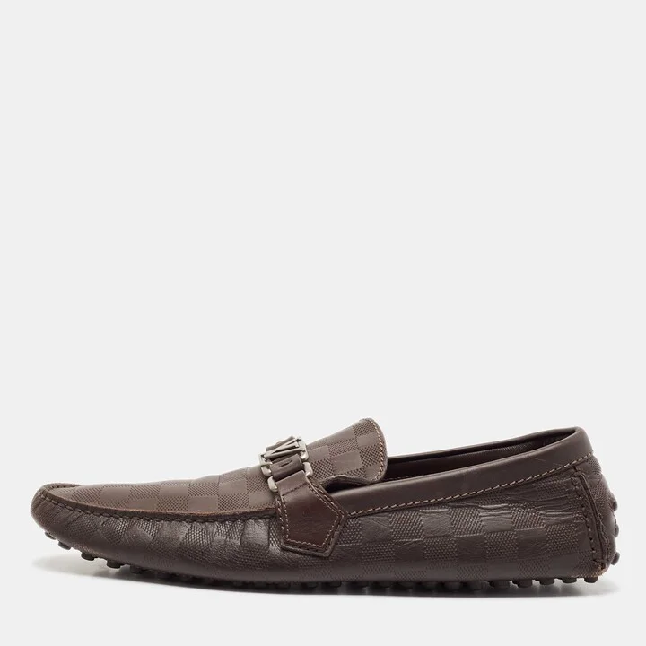 Louis Vuitton Dark Brown Damier Embossed Leather Hockenheim Slip On Loafers Size 42.5