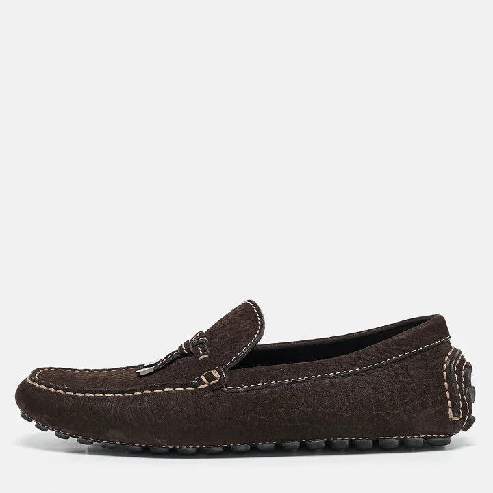 Louis Vuitton Dark Brown Textured Nubuck Leather Bow Loafers Size 41