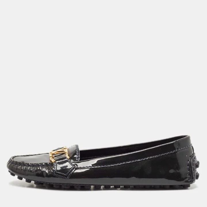 Louis Vuitton Dark Green Patent Leather Oxford Logo Slip On Loafers Size 36