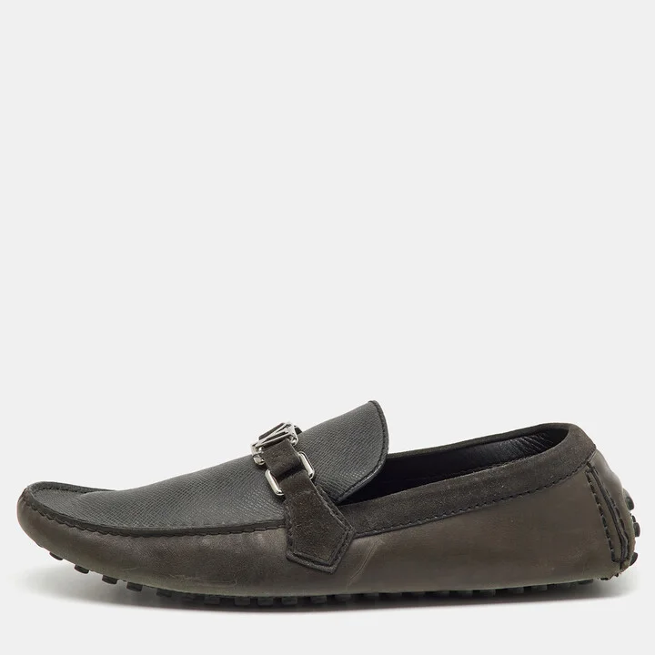 Louis Vuitton Dark Grey Leather and Suede Hockenheim Loafers Size 44