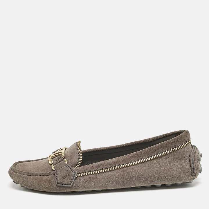 Louis Vuitton Dark Grey Suede Oxford Zip Detail Slip On Loafers Size 38.5