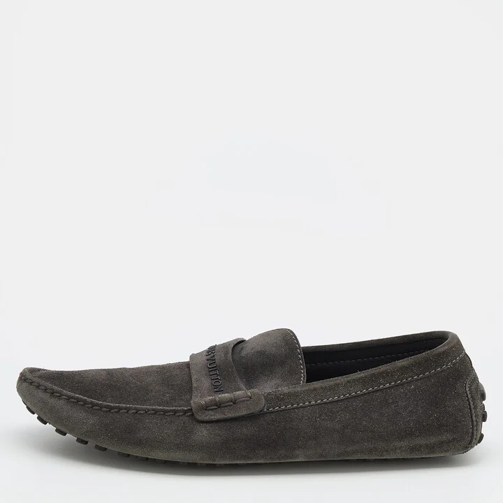 Louis Vuitton Dark Grey Suede Slip On Loafers Size 43