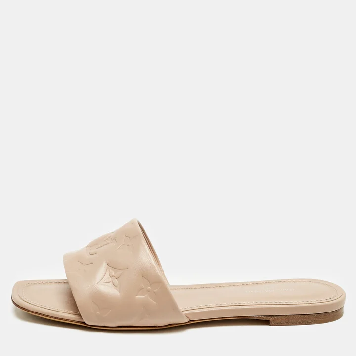 Louis Vuitton Dusty Pink Monogram Embossed Leather Revival Flat Slides Size 38