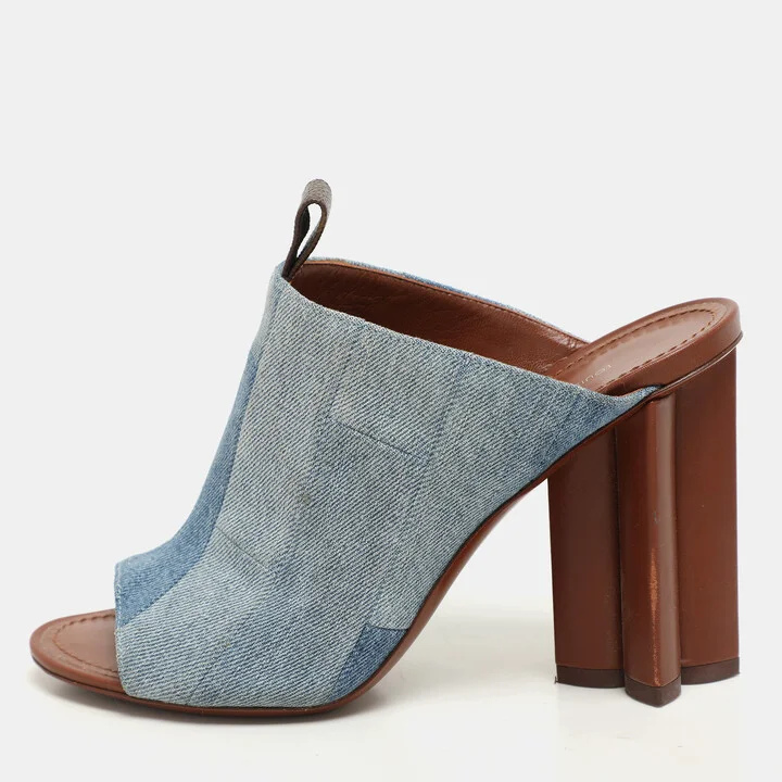 Louis Vuitton Faded Blue Patchwork Denim Flower Heel Mules Size 37