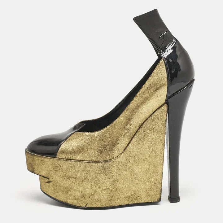 Louis Vuitton Gold/Black Leather and Patent Leather Wedge Pumps Size 38.5