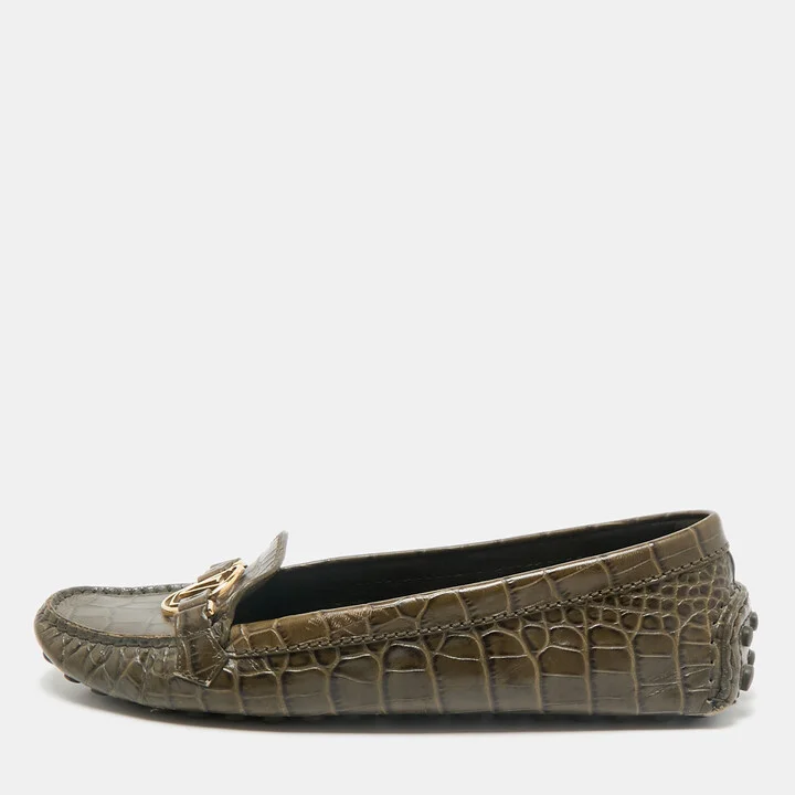Louis Vuitton Green Croc Embossed Leather Dauphine Loafers Size 39.5