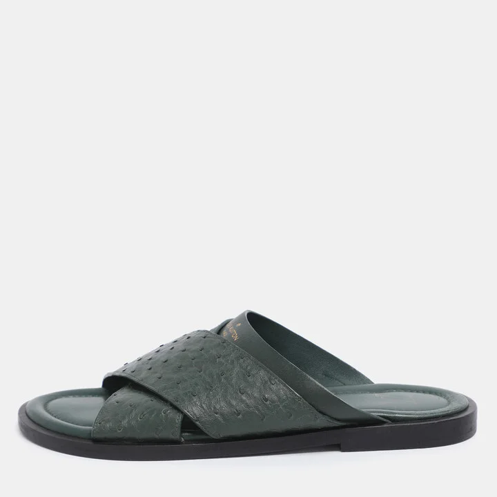 Louis Vuitton Green Ostrich Leather Slide Sandals 41