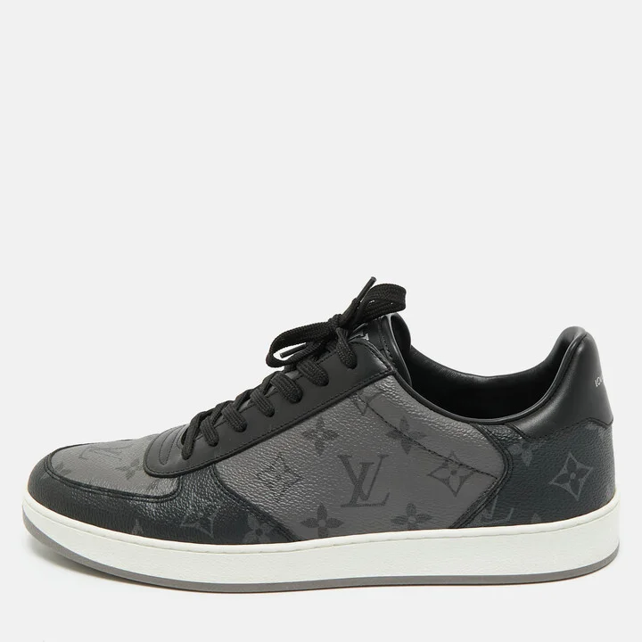 Louis Vuitton Grey/Black Monogram Canvas and Leather Rivoli Lace Up Sneakers Size 42.5