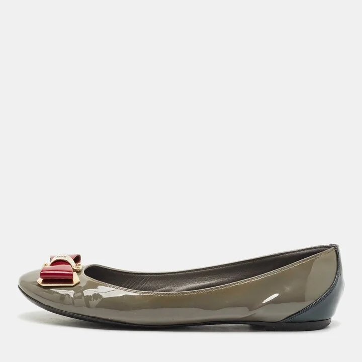 Louis Vuitton Grey Patent Leather Lou Bow Detail Ballet Flats Size 38