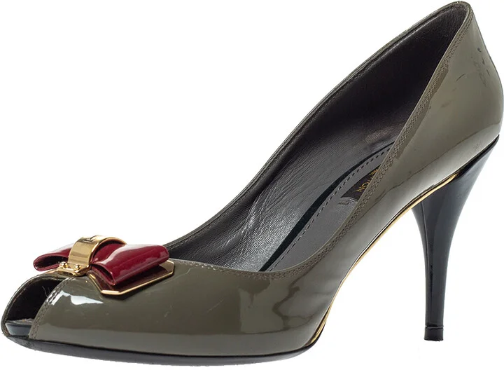 Louis Vuitton Grey Patent Leather Lou Peep Toe Pumps Size 37.5