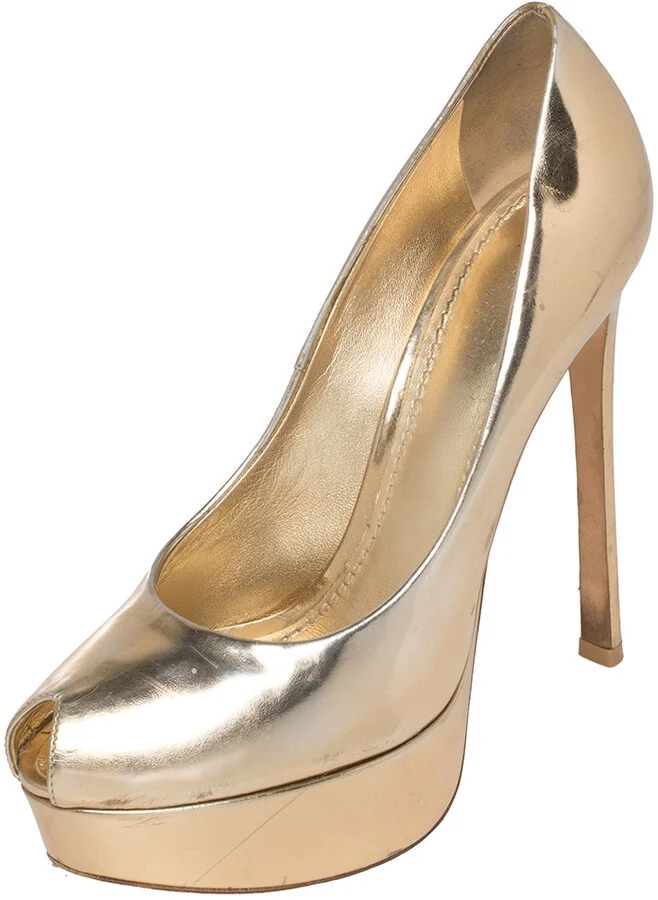 Louis Vuitton Metallic Gold Leather Peep Toe Platform Pumps Size 37