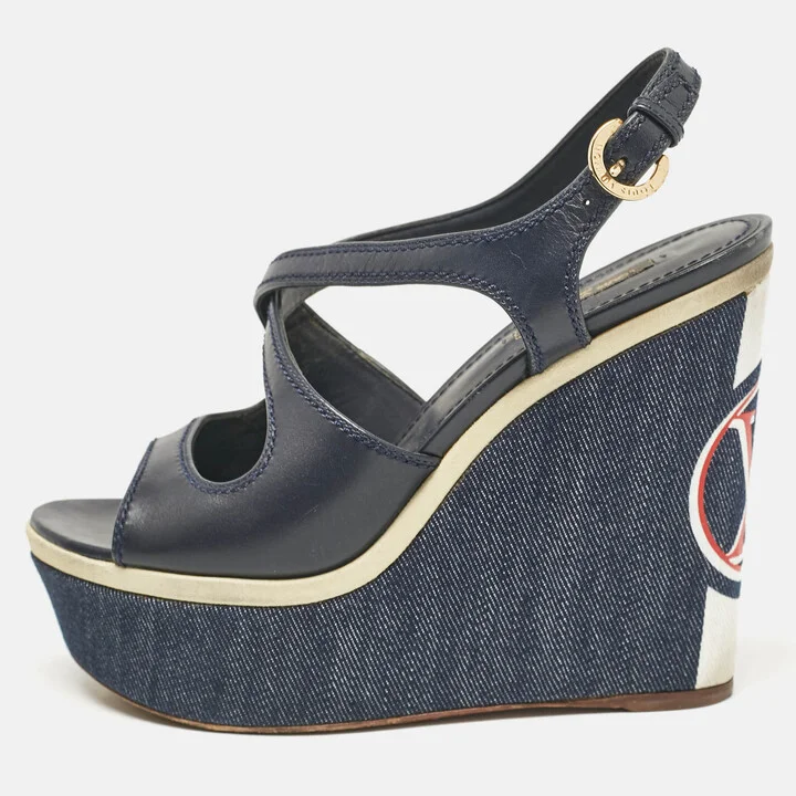 Louis Vuitton Navy Blue Canvas and Denim Wedge Sandals Size 38