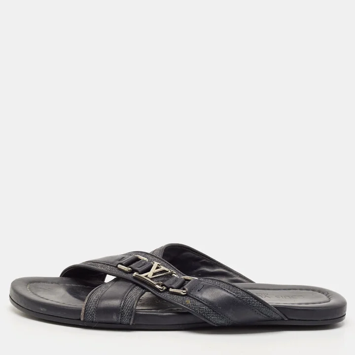 Louis Vuitton Navy Blue Denim and Leather Hamptons Flat Sandals Size 42.5
