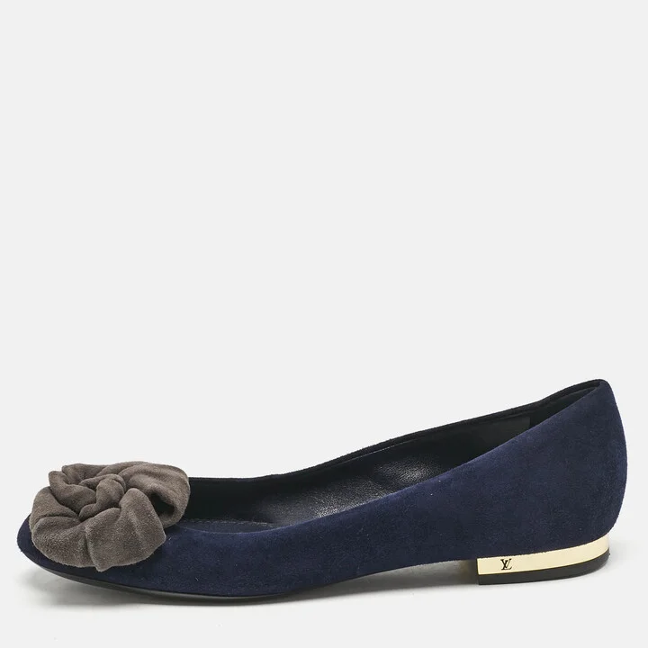 Louis Vuitton Navy Blue Suede Flower Embellished Ballet Flats Size 36.5