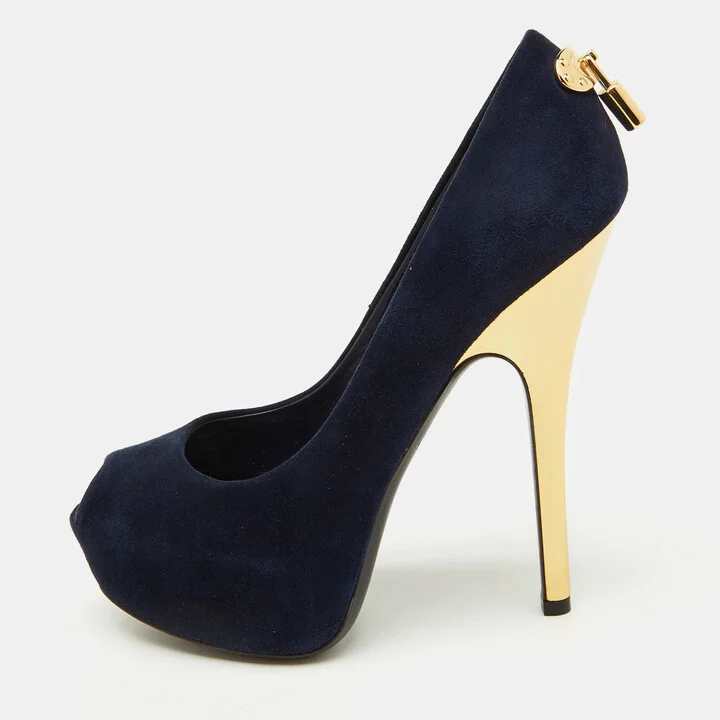 Louis Vuitton Navy Blue Suede Oh Really! Platform Peep Toe Pumps Size 36