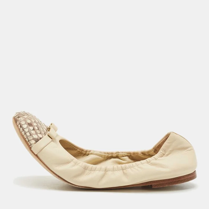 Louis Vuitton Off White Leather and Python Cap Toe Scrunch Ballet Flats Size 36.5
