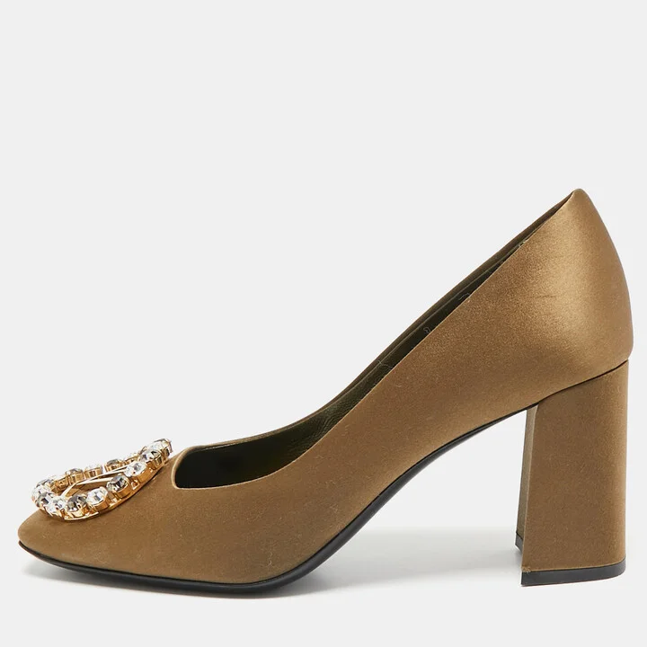 Louis Vuitton Olive Green Satin Crystal Embellished Madeleine Pumps Size 37.5
