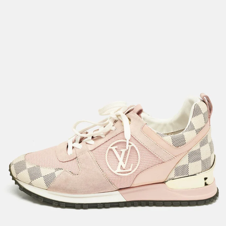 Louis Vuitton Peach Pink/White Suede Mesh and Damier Azur Canvas Run Away Sneakers Size 38