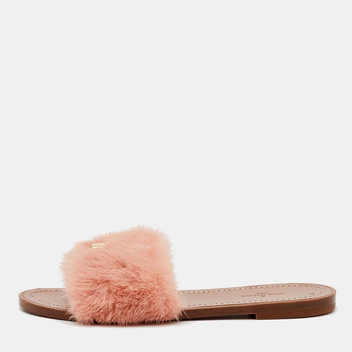 Louis Vuitton Pink Mink Fur Lock It Flat Slide Sandals Size 36