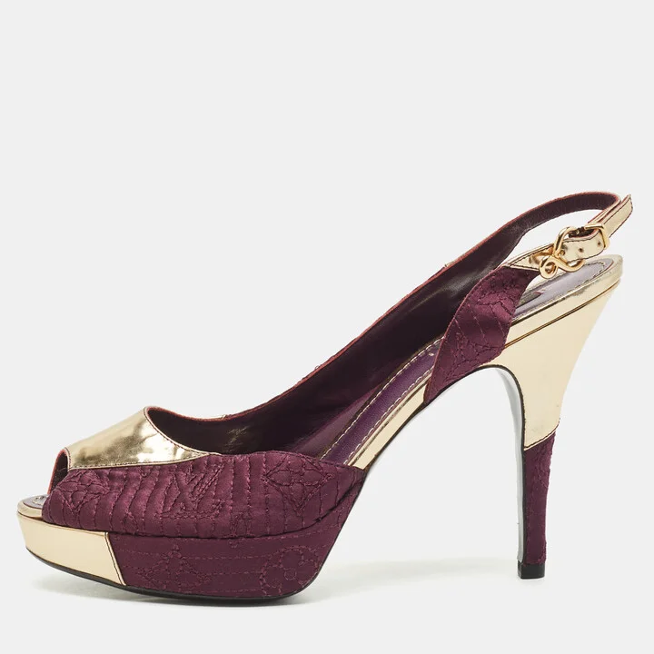 Louis Vuitton Purple/Gold Fabric and Leather Peep Toe Slingback Pumps Size 38.5