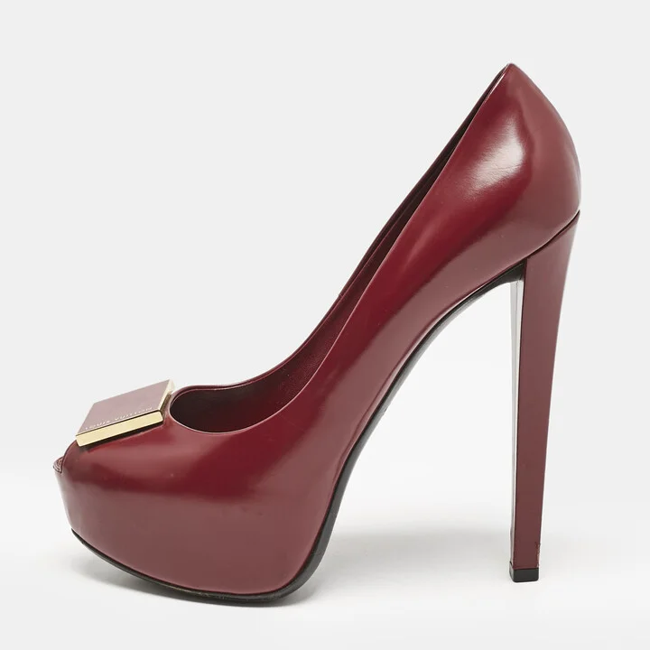Louis Vuitton Red Leather Logo Plaque Platform Pumps Size 37.5