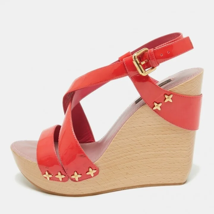 Louis Vuitton Red Patent Leather Star Embellished Wedge Sandals Size 37