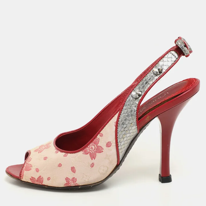 Louis Vuitton Red/Silver Python and Satin Limited Edition Takashi Murakami Slingback Sandals Size 36