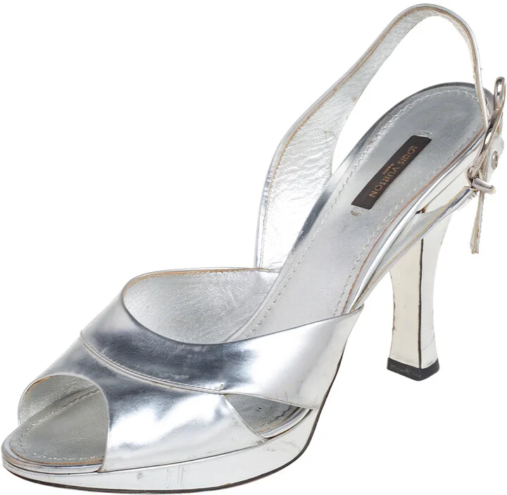 Louis Vuitton Silver Leather Peep Toe Slingback Sandals Size 41