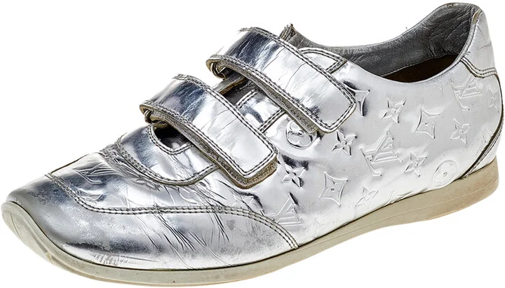 Louis Vuitton Silver Monogram Leather Velcro Strap Low Top Sneakers Size 40
