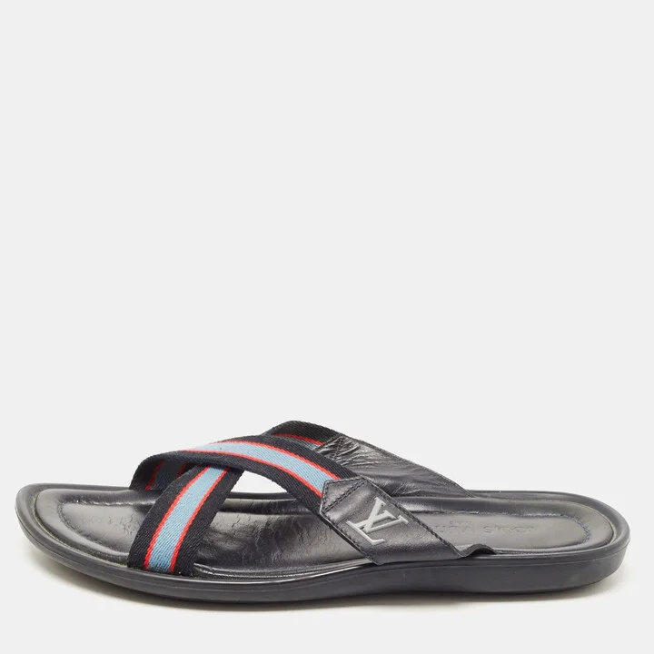 Louis Vuitton Tricolor Leather and Canvas Cross Strap Slides Size 42