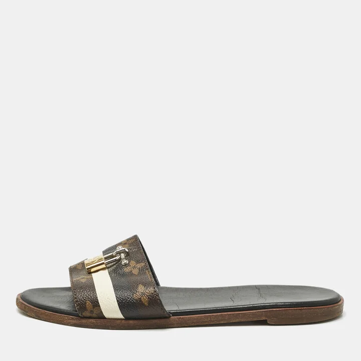 Louis Vuitton White/Brown Monogram Canvas Lock It Slides Sandals Size 37.5
