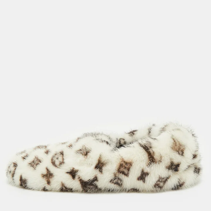 Louis Vuitton White/Brown Monogram Mink Fur House Slide Sandals Size 42