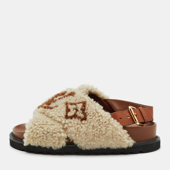 Louis Vuitton White/Brown Shearling Fur and Leather Paseo Comfort Mules Size 36