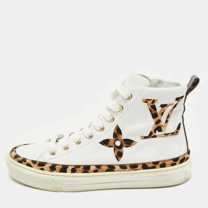 Louis Vuitton White Calf Hair and Leather Stellar High Top Sneakers Size 36
