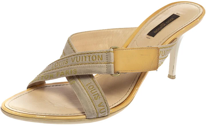 Louis Vuitton White Leather And Canvas Logo Strappy Mule Sandals Size 39.5