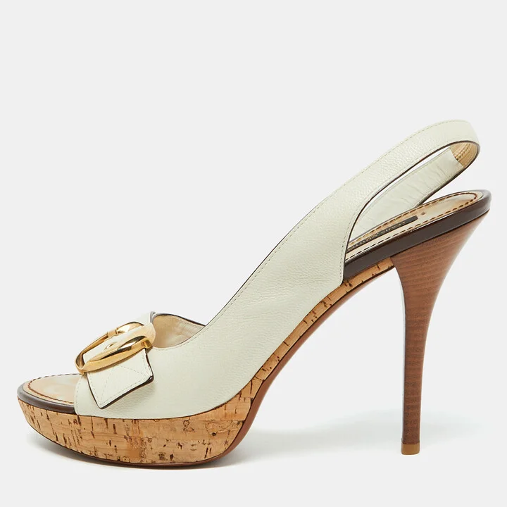 Louis Vuitton White Leather Buckle Cork Platform Slingback Sandals Size 40
