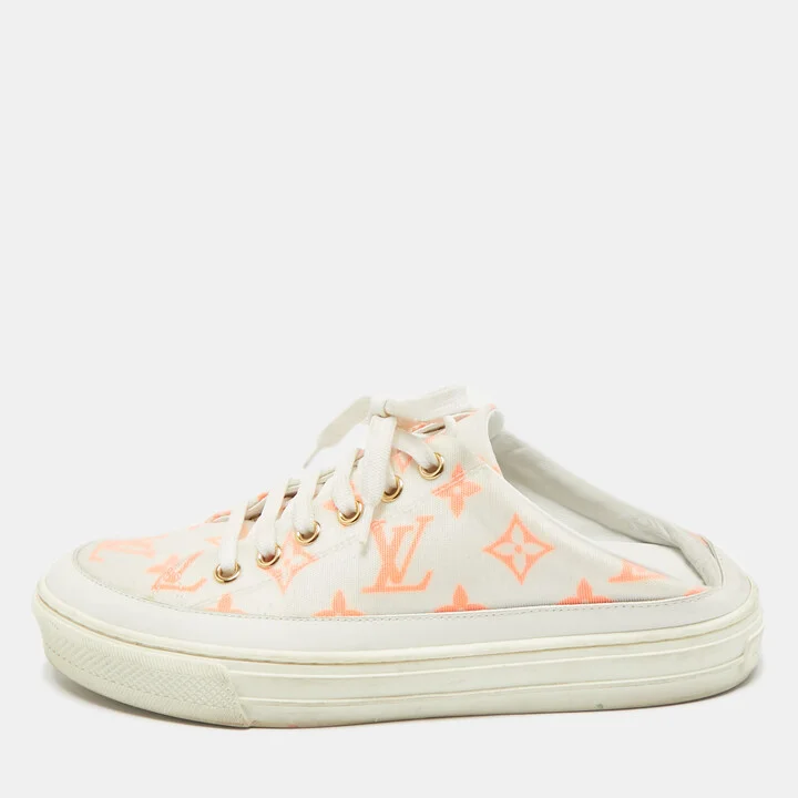 Louis Vuitton White/Orange Mesh and Leather Stellar Sneaker Mules Size 36.5