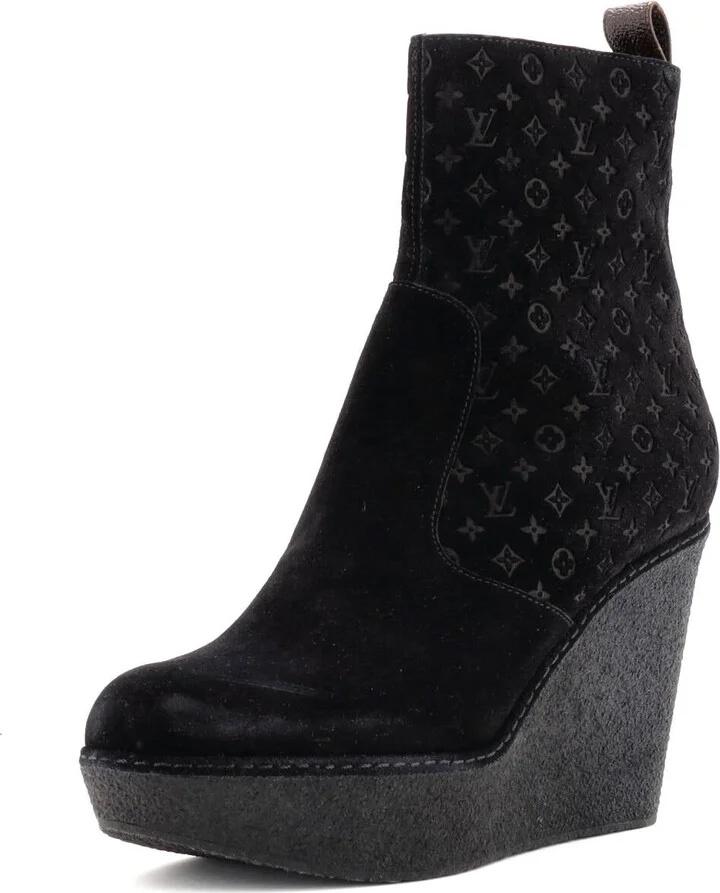 Louis Vuitton Women's Ankle Wedge Platform Boots Monogram Embossed Suede