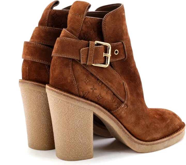 Louis Vuitton Women's Buckle Heeled Ankle Boots Monogram Embossed Suede - Image 3