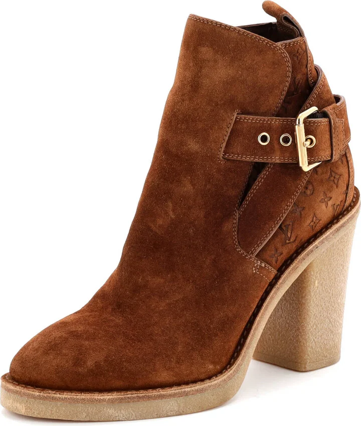 Louis Vuitton Women's Buckle Heeled Ankle Boots Monogram Embossed Suede
