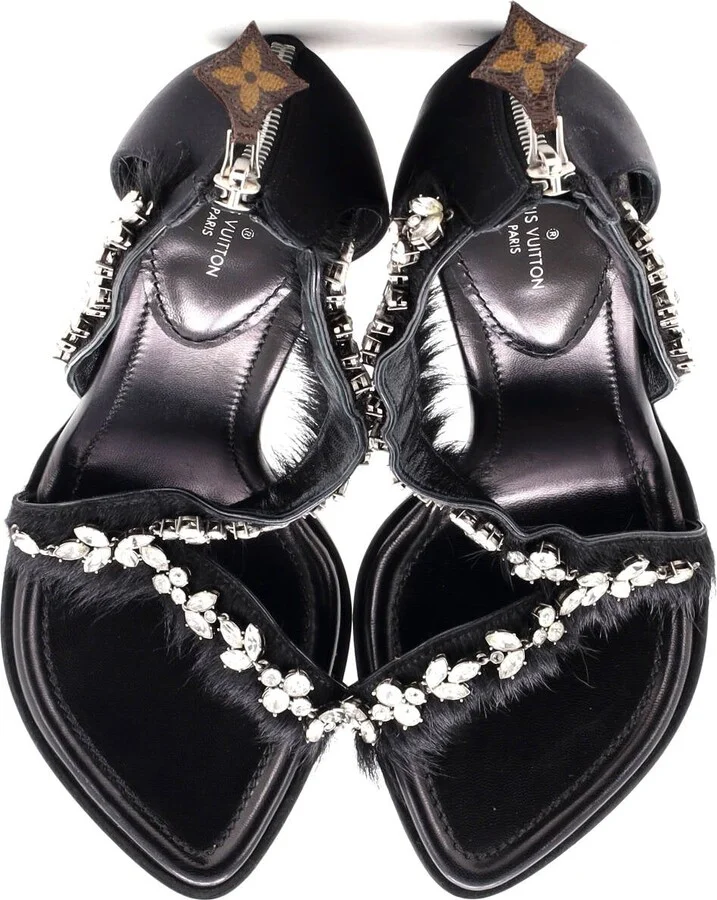 Louis Vuitton Women's Strap Heeled Sandals Crystal Embellished Satin with Calf Hair - Image 2
