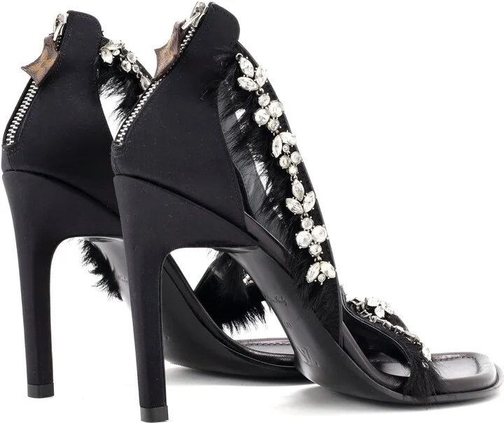 Louis Vuitton Women's Strap Heeled Sandals Crystal Embellished Satin with Calf Hair - Image 3