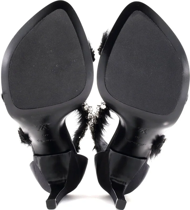 Louis Vuitton Women's Strap Heeled Sandals Crystal Embellished Satin with Calf Hair - Image 4