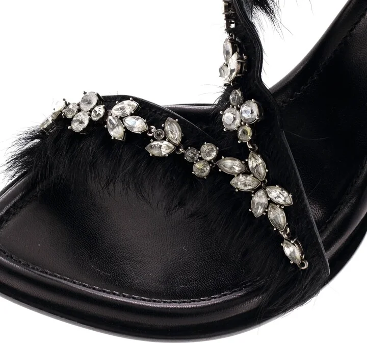 Louis Vuitton Women's Strap Heeled Sandals Crystal Embellished Satin with Calf Hair - Image 5