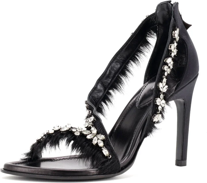 Louis Vuitton Women's Strap Heeled Sandals Crystal Embellished Satin with Calf Hair