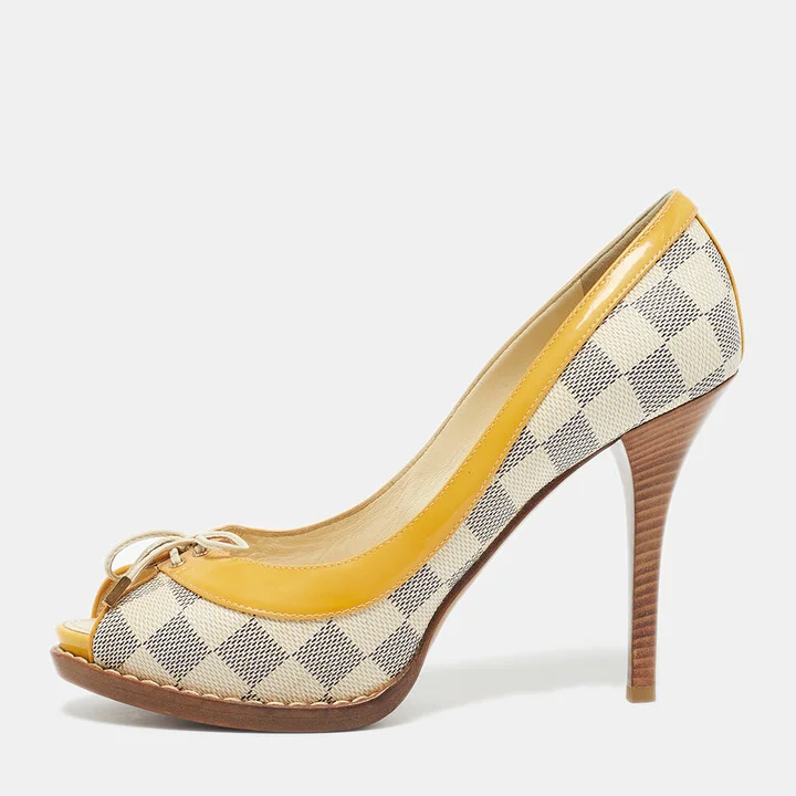 Louis Vuitton Yellow Damier Azur Canvas And Patent Peep Toe Pumps Size 37.5
