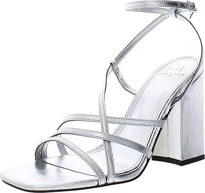 LTD Edalyn Sandals Women's 7.5 Silver Ankle Strap Square Toe KHD669