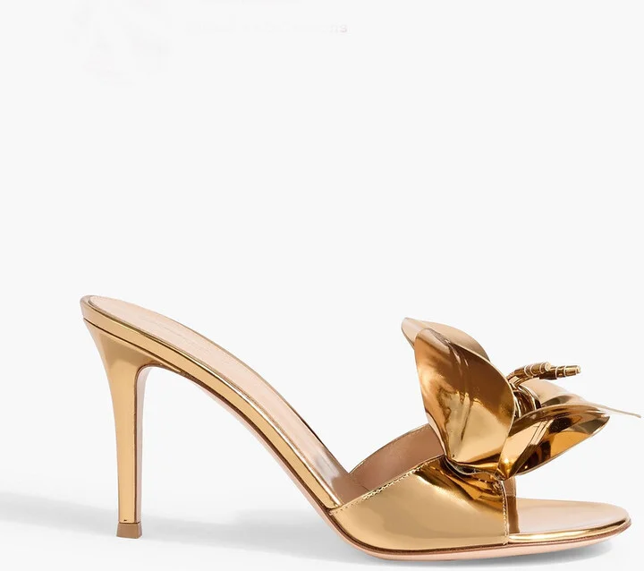 Lucilla floral-appliquéd mirrored-leather mules