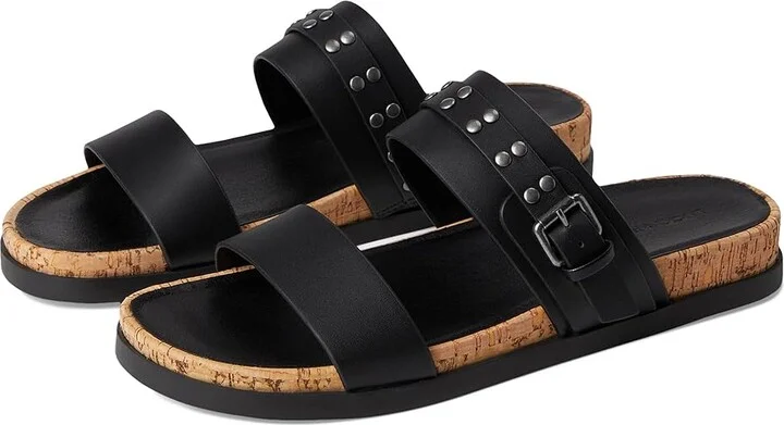 Lucky Brand Dineesa Studded Two Band Flat Sandals Women's Sandals Black : 6 B - Medium, Leather